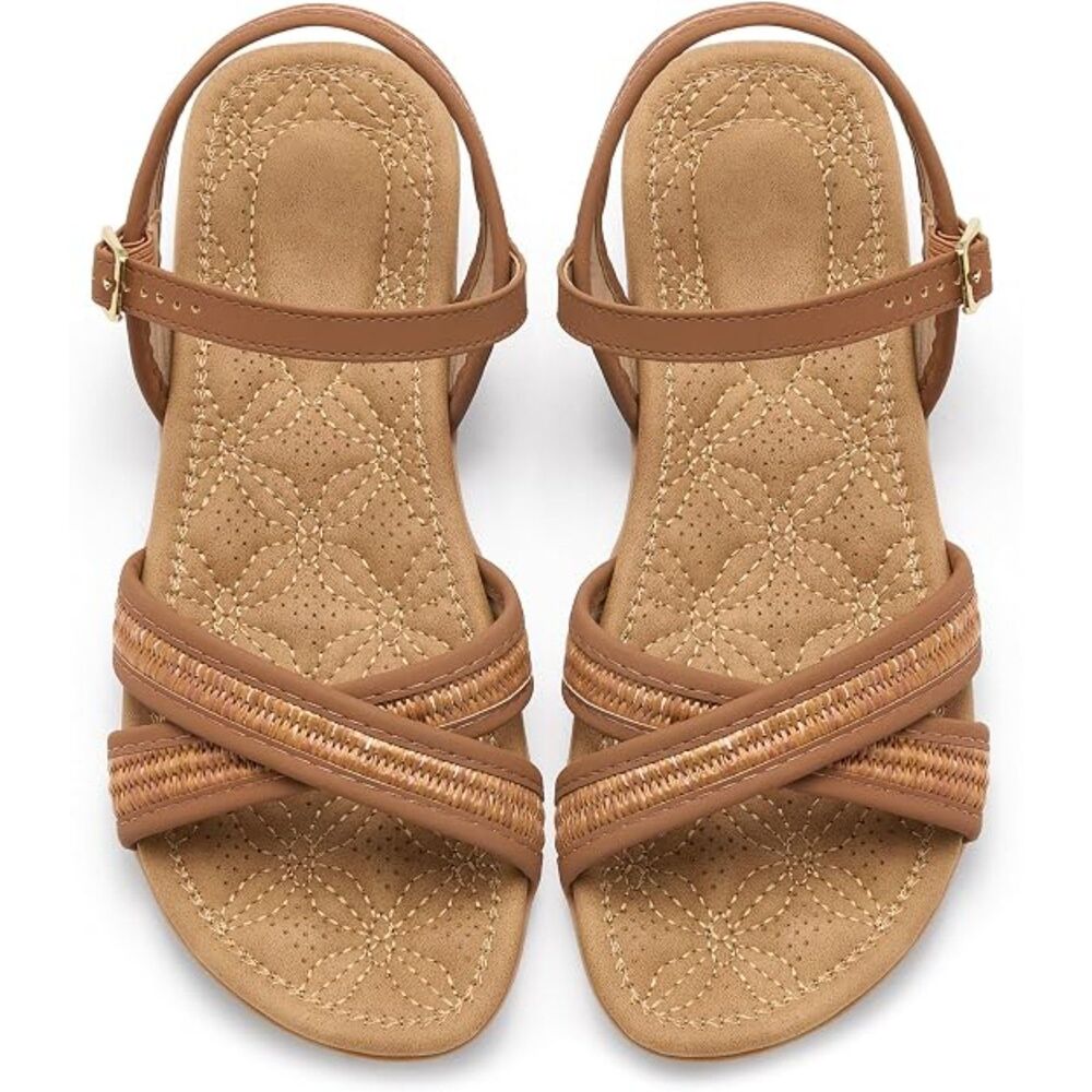 Womens Size 11 Brown Flat Sandals Comfortable Walking Dressy Casual Buckle Strap